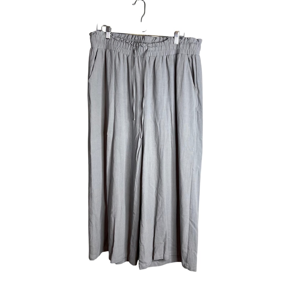 Anrabess Wide Leg Crop Pants Sz XXL Gray Linen Blend Paperbag Waist Flowy Boho